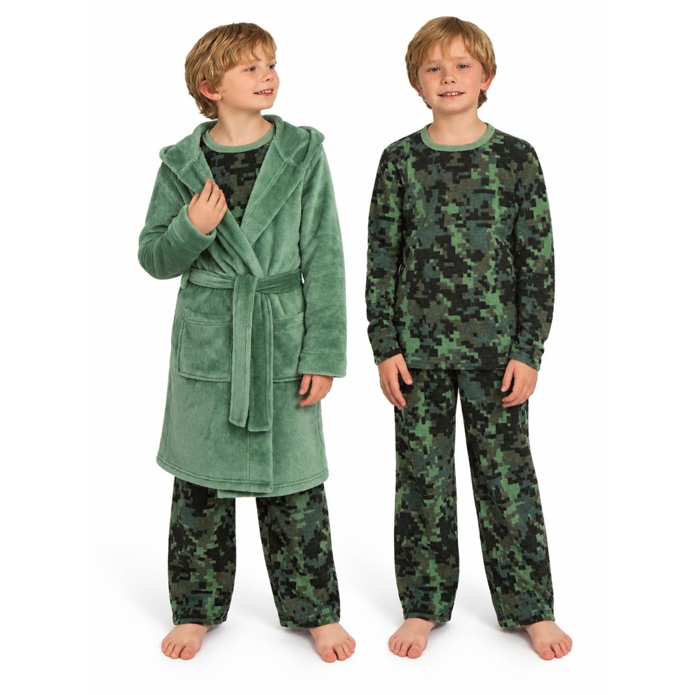 Lands' End Boys Fleece 3pc Pajama Set L 14/16 Green Camo Hooded Robe Sleepwear